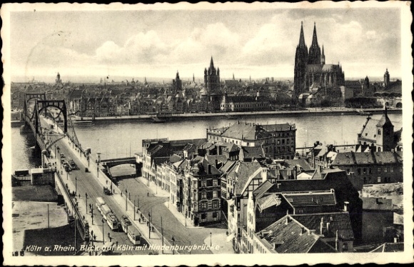 Postcard Cologne on the Rhine, Cologne on the Rhine, Hindenburg Bridge, city view, river landscape