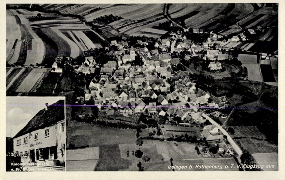Postcard Insingen in Middle Franconia, aerial photograph, grocery store