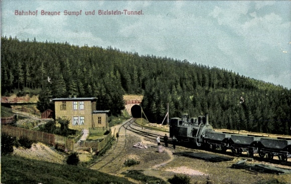 Postcard Blankenburg am Harz, Braune Sumpf station and Bielstein tunnel, Harz rack railway