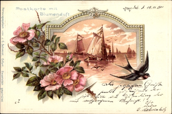 Embossed Passepartout Chromo-Litho with floral scent, sailing boats, swallow