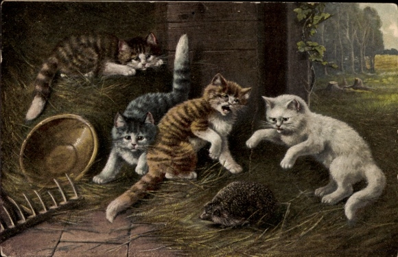 Chromo-Litho cats found a hedgehog, straw, rake, farm