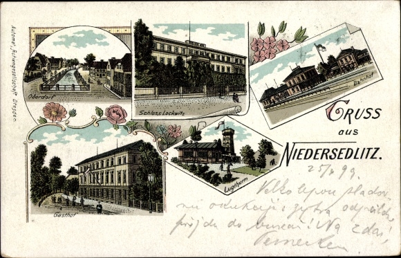 Chromo-Litho Dresden Niedersedlitz, Lockwitz Castle, train station, Lugturm, inn, Oberdorf