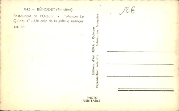 Postcard Bénodet Finistère, Restaurant de l'Océan, Maison Le Quinquis, interior view, tables set