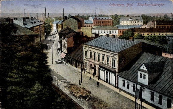 Postcard Bohumín Oderberg Reg. Moravian Silesia, train station, Stephanie Street, shops