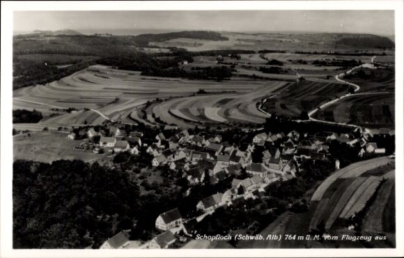Postcard Schopfloch Lenningen Swabian Alb Württemberg, aerial view of fields and houses, Swabian