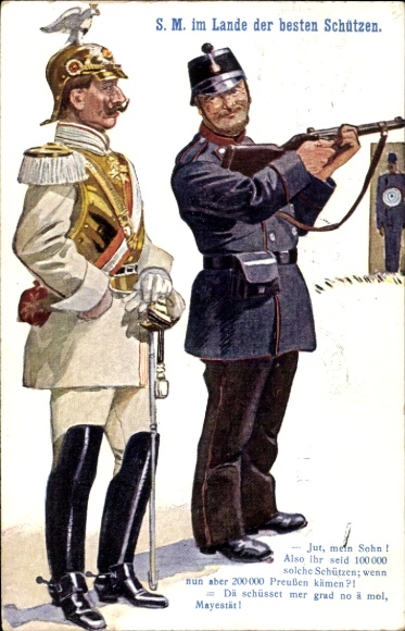 Postcard Lande der Schützen, Kaiser Wilhelm II of Prussia, Bavarian soldier
