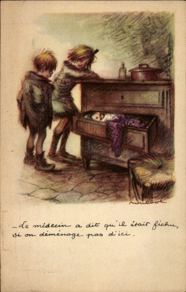Artist Postcard Poulbot, Franciscque, Children, Baby sleeping in a drawer