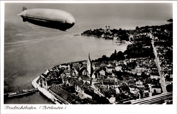 Postcard Friedrichshafen on Lake Constance, aerial view of Zeppelin, Lake Constance, city view