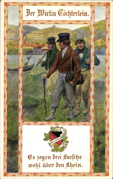 Artist Postcard Kuderna F., Landlady's Daughter, Three boys crossed the Rhine, Wanderer