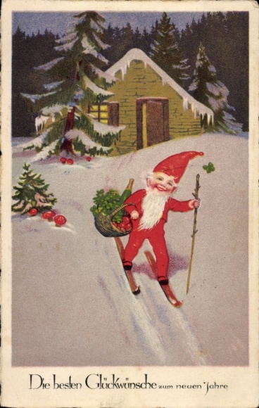 Greeting card Happy New Year, dwarf skiing, champagne bottle, lucky clover