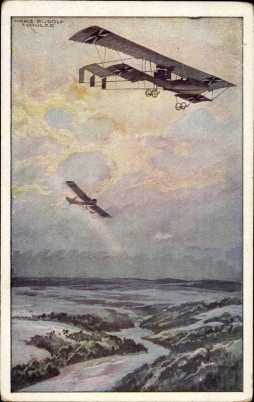 Artist Postcard Schulze, Hans Rudolf, Military biplane on reconnaissance mission over the Argonne Forest