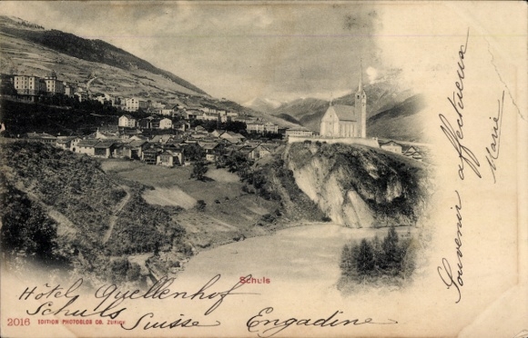 Postcard Scuol Schuls Kt. Graubünden Switzerland, Hotel Quellenhof, Engadine, river, mountains, church