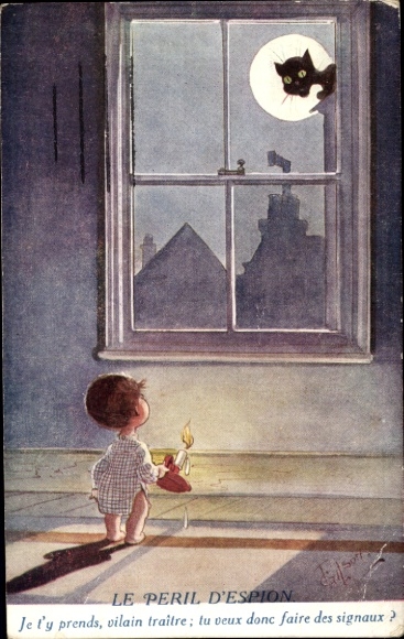 Artist Postcard Grilson, Boy with Candle, Black Cat, Moon