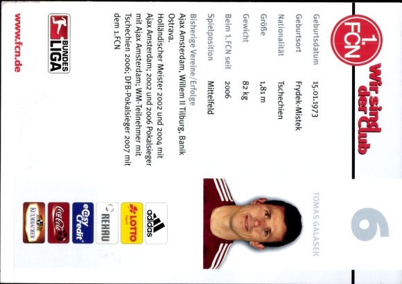 Autograph card footballer Tomas Galasek, 1. FC Nuremberg, autograph