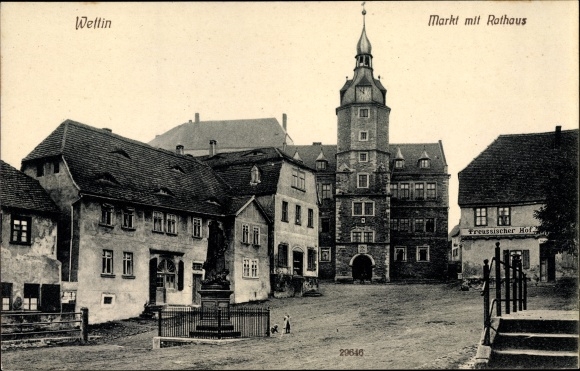 Ak Wettin Löbejün im Saalekreis, Markt mit Rathaus, Preussischer Hof