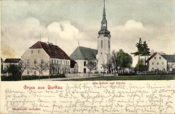 Postcard Burkau in Saxony, old school and church, greetings from a nostalgic depiction