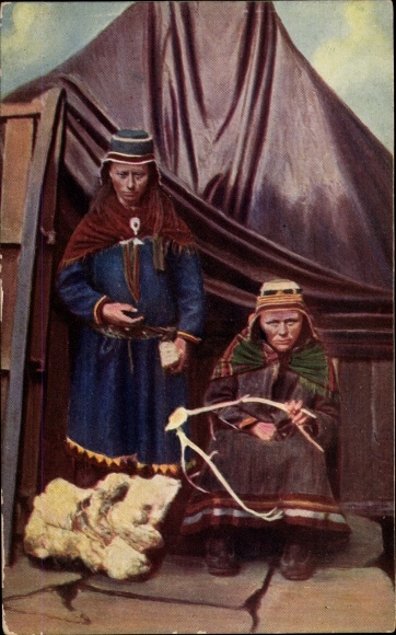 Postcard girl in folk costume, antlers, Finland, Lapland