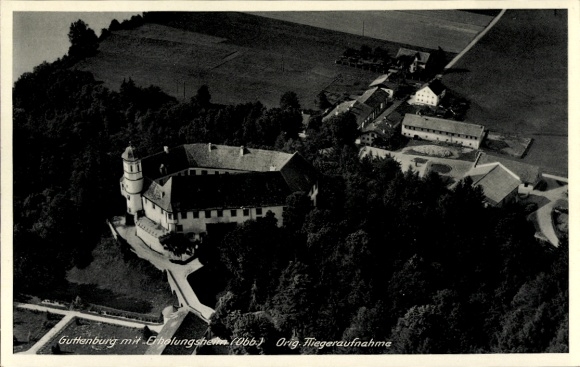 Postcard Guttenburg Kraiburg am Inn Upper Bavaria, aerial view of recreation center, forest, buildings