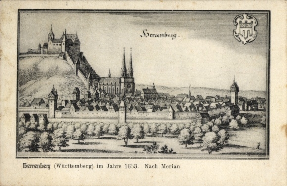 Artist Postcard Merian, Herrenberg in Württemberg, city view in 1663