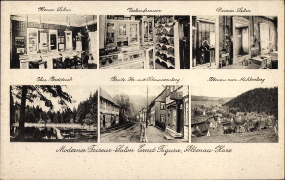 Postcard Altenau Clausthal Zellerfeld in the Upper Harz, hairdressing salon Ernst Figura, bathing pond, Breitestrasse