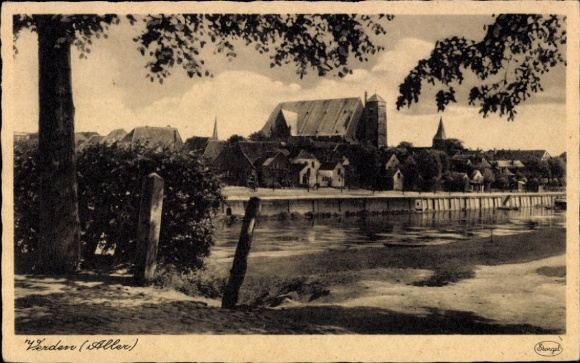 Postcard Verden an der Aller, city view, river, trees, buildings