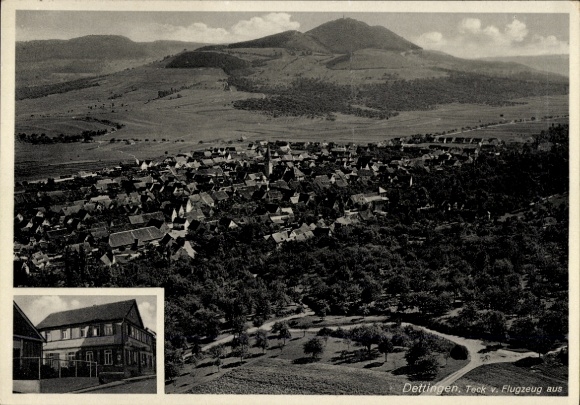 Postcard Dettingen unter Teck, aerial photograph of Teck, surroundings, mountains, black and white