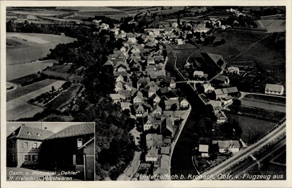 Postcard Unterrodach Marktrodach in Upper Franconia, aerial photograph, inn and butcher shop Dehler
