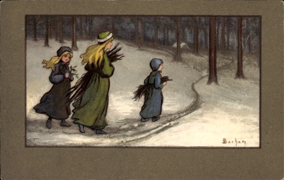 Artist Postcard Barham, Three Girls Collecting Firewood in Winter, Munk No. 253
