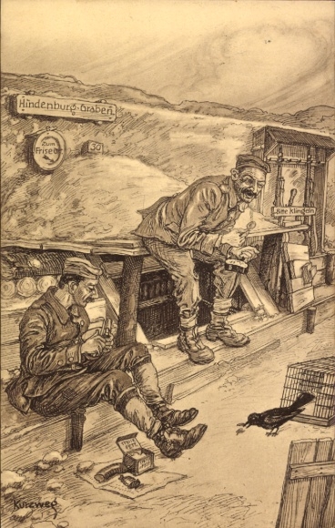 Artist Postcard Kurzweg, soldiers in the trench, Essen, Hindenburg Trench, bird, cage