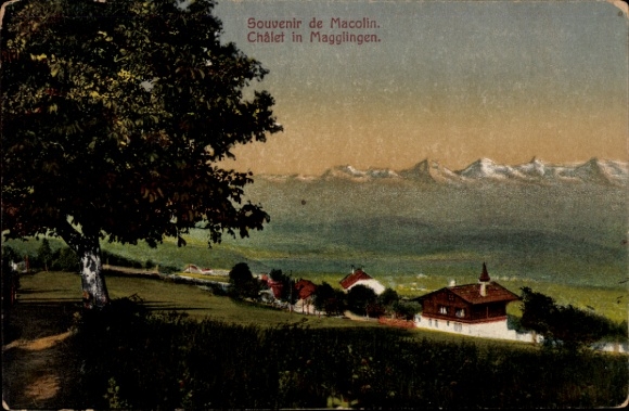 KP Macolin sur Bienne Magglingen Kanton Berno, krajobraz z górami, chalet, drzewo, tekst: Souvenir