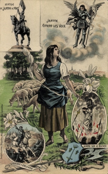 Postcard France, woman with hand spindle, sheep, Joan of Arc