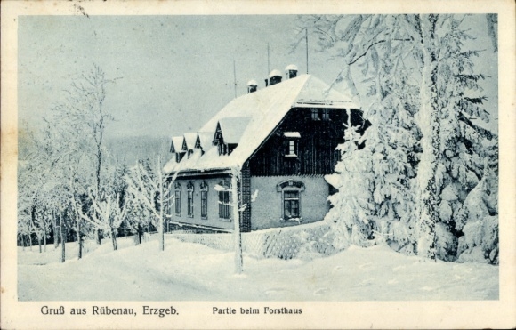 Ak Rübenau Marienberg in het Erzgebirge, vlakbij de boswachtershut, winter