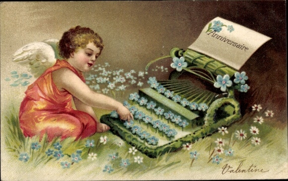 Chromo-Litho Happy Birthday, Angel with Typewriter, Forget-me-not