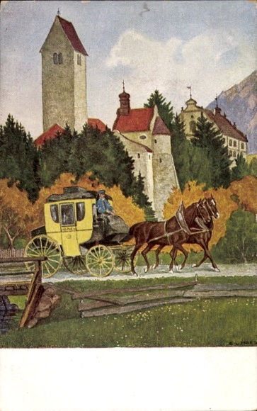Postcard Rauhenzell Immenstadt im Allgäu Swabia, horse-drawn carriage, village, towers, colors, landscape