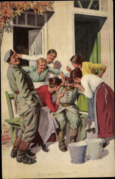 Artist Postcard Always Expert, Military Terms No. 4, Barrage, Soldiers