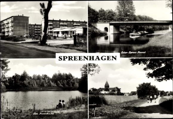 Ansichtkaart Spreenhagen in Brandenburg, 4 foto's, Oder-Spree-kanaal, Am Kiesschacht, moderne gebouwen