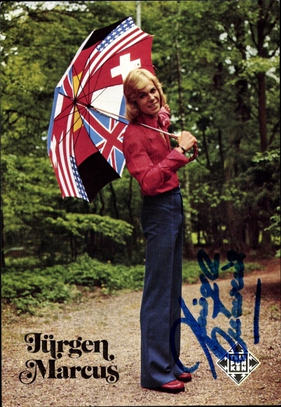 Postcard singer Jürgen Marcus, portrait with umbrella, flag imprint, Telefunken, autograph
