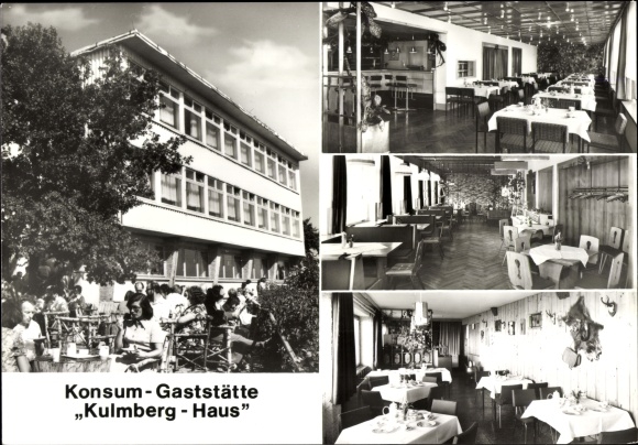 Postcard Dorfkulm Unterwellenborn in Thuringia, consumer restaurant Kulmberg-Haus, gnome bar