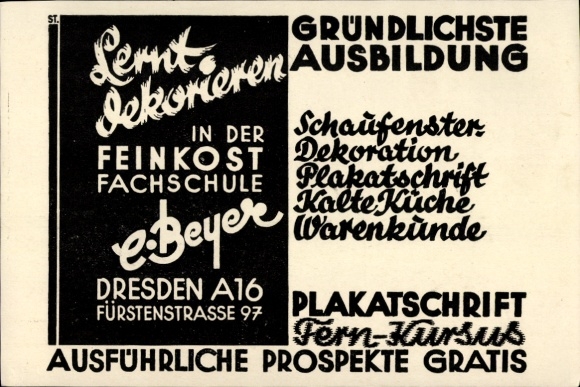 Postcard Advertising, Delicatessen School, Dresden Fürstenstraße 97