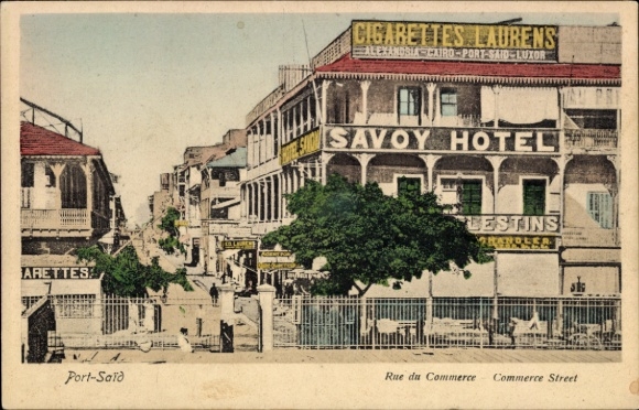 Postcard Port Said Egypt, Rue du Commerce, Savoy Hotel