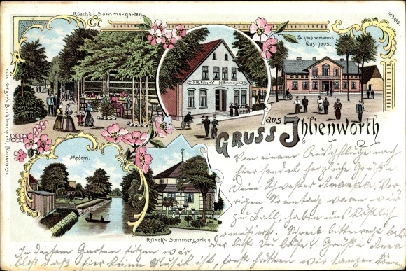 Litho Ihlienworth im Kreis Cuxhaven, Rüschs Sommergarten, Schwanemanns Gasthaus, Medem