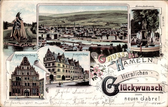 litho Hameln in Nedersaksen, rattenvanger, trouwhuis, Gertrudenbrunnen, rattenvangerhuis