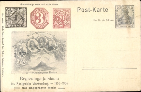 Postwaardestukken Ak Württemberg, regeringsjubileum 1806-1906, eerste en laatste zegel