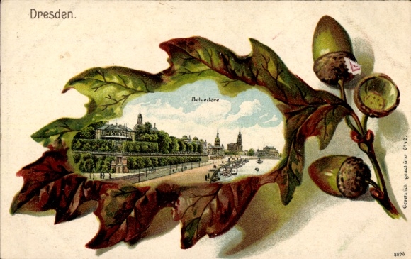 Oak leaf passepartout litho Dresden Altstadt, Belvedere