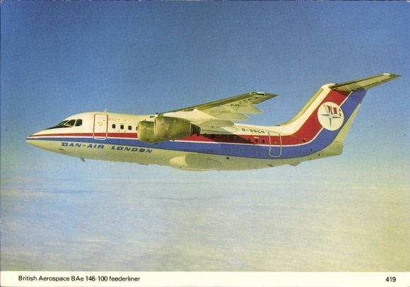Postcard passenger aircraft Dan-Air London, British Aerospace BAe 146-100 feederliner