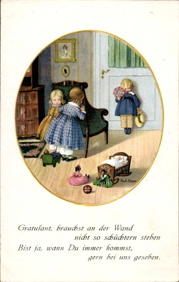 Kunstenaar litho Ebner, Pauli, Meisjes verstoppen zich voor een jongen, Munk 1228