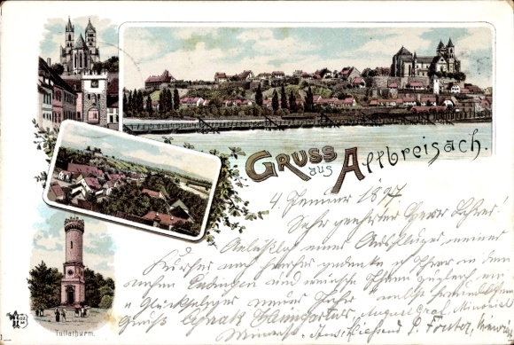 Chromo-Litho Alt Breisach am Upper Rhine, old town panorama, Tulla tower
