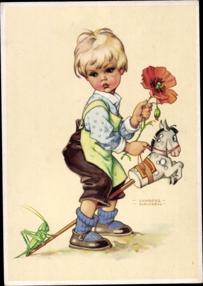 Artist Postcard Lungershausen, Ilse Wende, boy with hobby horse, grasshopper, poppy blossom