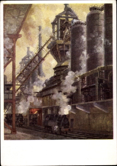 Artist Postcard Ria Picco Rückert, Reichswerke Hermann Göring, blast furnaces