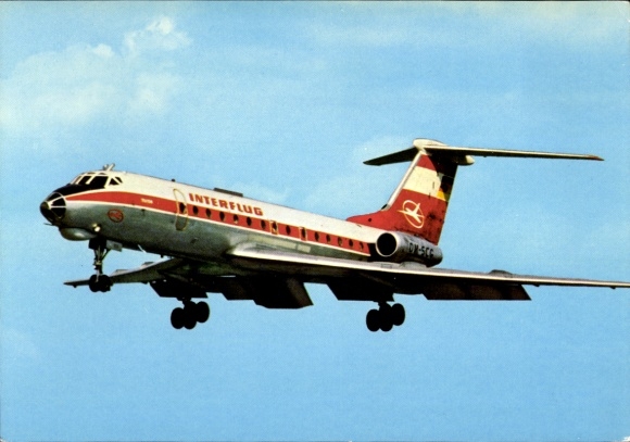 Postcard German passenger aircraft Tupolew TU-134, Interflug, turbine jet airliner